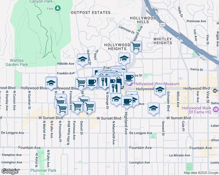 map of restaurants, bars, coffee shops, grocery stores, and more near 6925 Hollywood Boulevard in Los Angeles