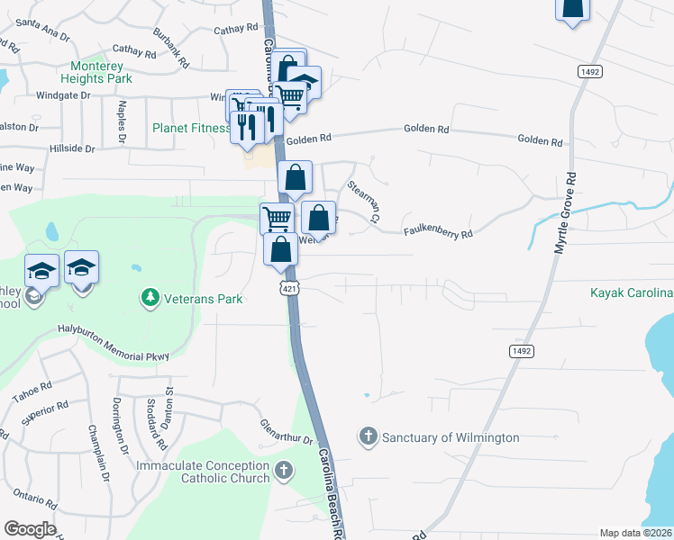map of restaurants, bars, coffee shops, grocery stores, and more near 6509 Carolina Beach Road in Wilmington