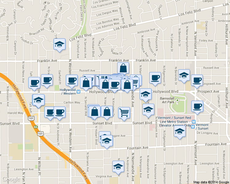 map of restaurants, bars, coffee shops, grocery stores, and more near 1641 North Kingsley Drive in Los Angeles