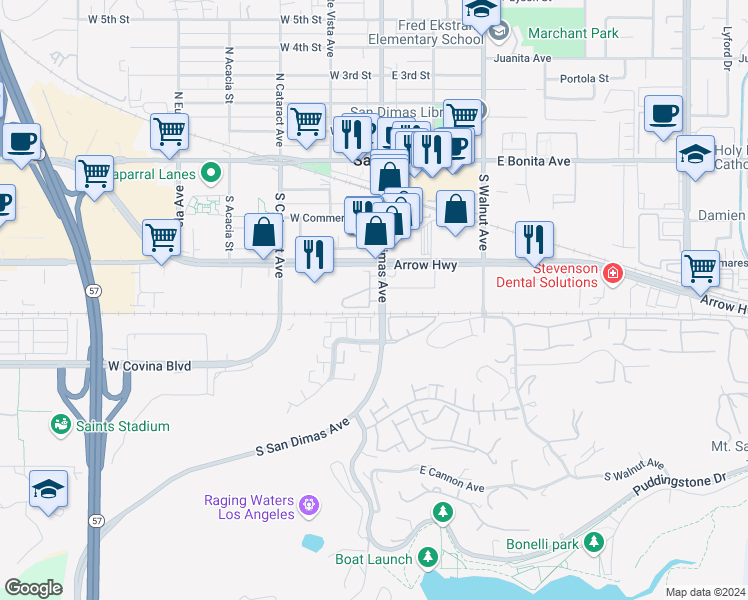 map of restaurants, bars, coffee shops, grocery stores, and more near 114 Citrus Ranch Road in San Dimas