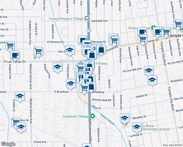 map of restaurants, bars, coffee shops, grocery stores, and more near 5612 Rosemead Boulevard in Temple City