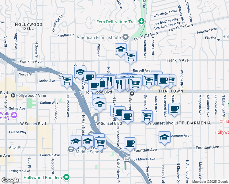 map of restaurants, bars, coffee shops, grocery stores, and more near Hollywood Blvd & N St Andrews Pl in Los Angeles