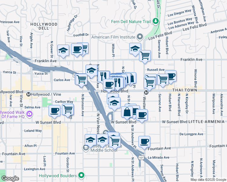 map of restaurants, bars, coffee shops, grocery stores, and more near Hollywood Blvd & N Wilton Pl in Los Angeles