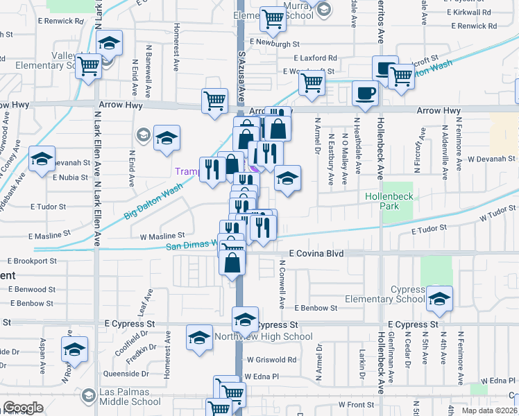 map of restaurants, bars, coffee shops, grocery stores, and more near in Covina