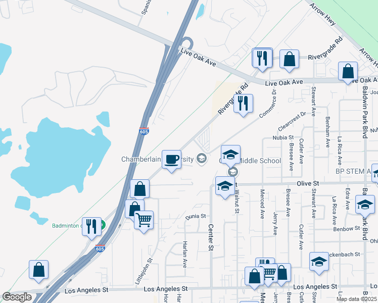 map of restaurants, bars, coffee shops, grocery stores, and more near 4900 Rivergrade Road in Irwindale