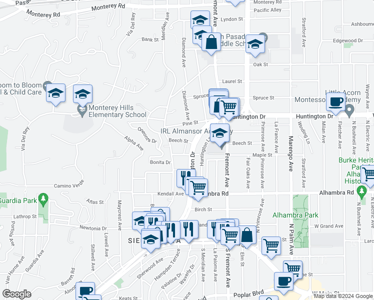map of restaurants, bars, coffee shops, grocery stores, and more near 1206 Huntington Drive in South Pasadena