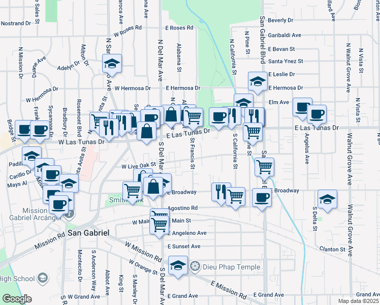 map of restaurants, bars, coffee shops, grocery stores, and more near 137 Saint Francis Street in San Gabriel