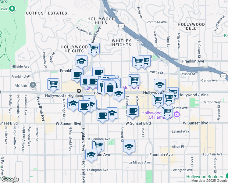 map of restaurants, bars, coffee shops, grocery stores, and more near 6627 Hollywood Boulevard in Los Angeles