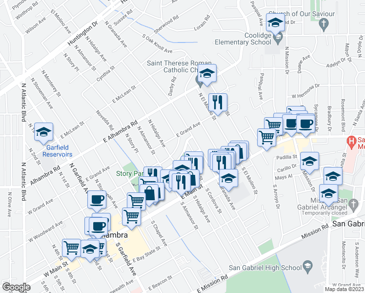 map of restaurants, bars, coffee shops, grocery stores, and more near 803 Lindaraxa Park North in Alhambra