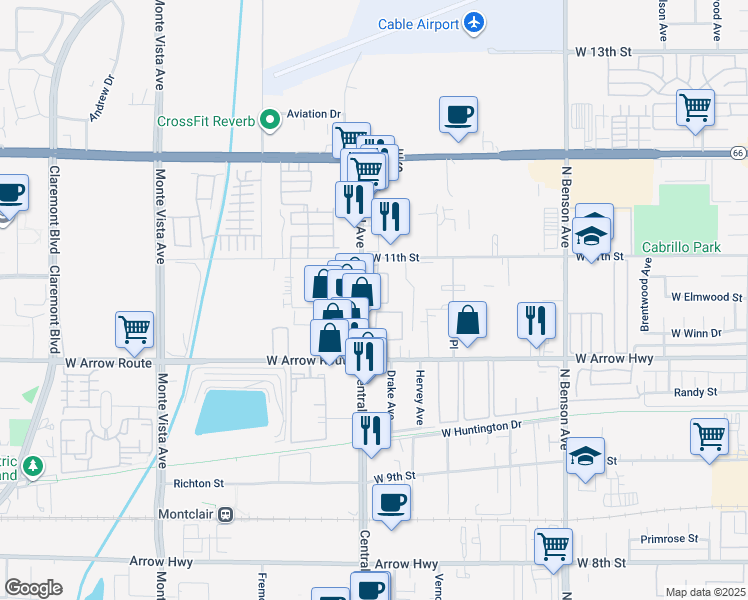 map of restaurants, bars, coffee shops, grocery stores, and more near 630 Chandler Walk in Upland