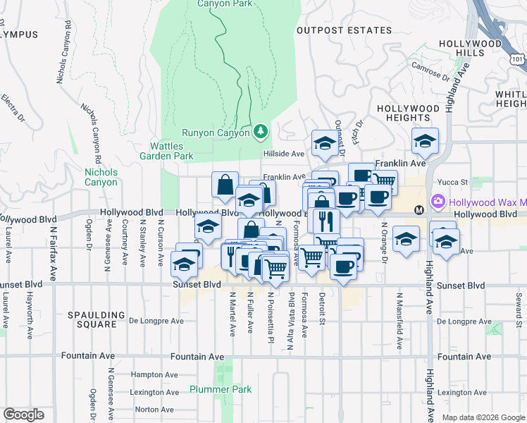 map of restaurants, bars, coffee shops, grocery stores, and more near 1636 North Fuller Avenue in Los Angeles