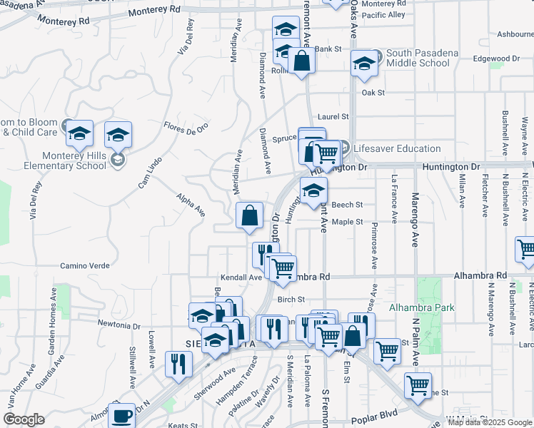 map of restaurants, bars, coffee shops, grocery stores, and more near 1206 Huntington Drive in South Pasadena