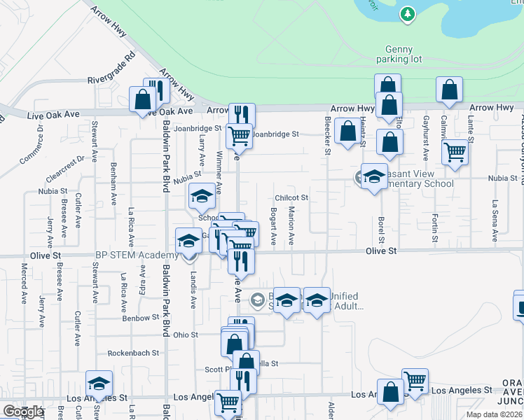 map of restaurants, bars, coffee shops, grocery stores, and more near 4912 Elizabeth Street in Baldwin Park