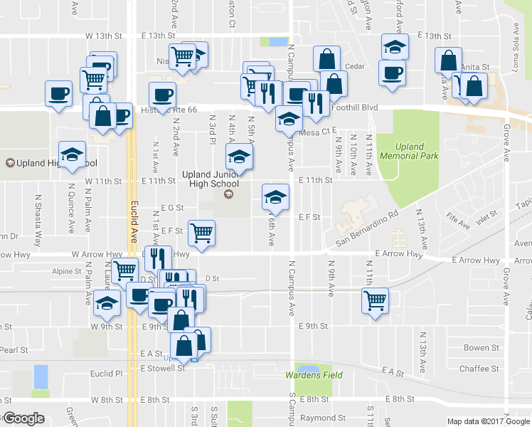 map of restaurants, bars, coffee shops, grocery stores, and more near 609 North 6th Avenue in Upland