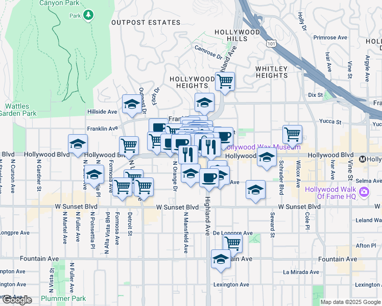 map of restaurants, bars, coffee shops, grocery stores, and more near 311 Hollywood Boulevard in Los Angeles