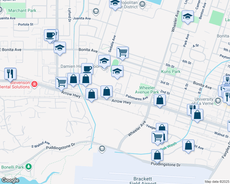 map of restaurants, bars, coffee shops, grocery stores, and more near 1319 Palomares Avenue in La Verne