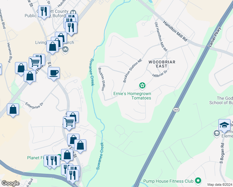 map of restaurants, bars, coffee shops, grocery stores, and more near 2000 Brickton Station in Buford