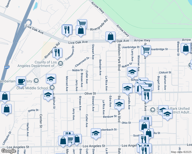 map of restaurants, bars, coffee shops, grocery stores, and more near 4850 Stewart Avenue in Baldwin Park