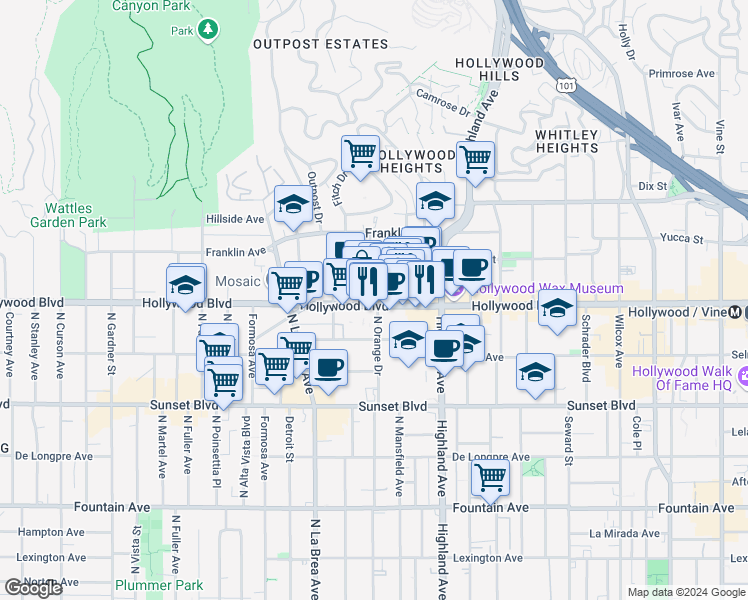 map of restaurants, bars, coffee shops, grocery stores, and more near 6933 Hollywood Boulevard in Los Angeles