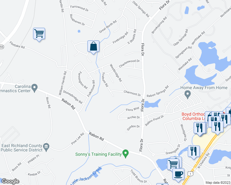 map of restaurants, bars, coffee shops, grocery stores, and more near 144 Charmont Drive in Columbia