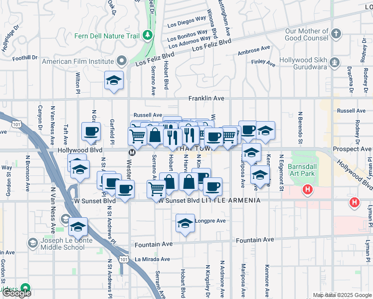 map of restaurants, bars, coffee shops, grocery stores, and more near Hollywood Boulevard & North Harvard Boulevard in Los Angeles