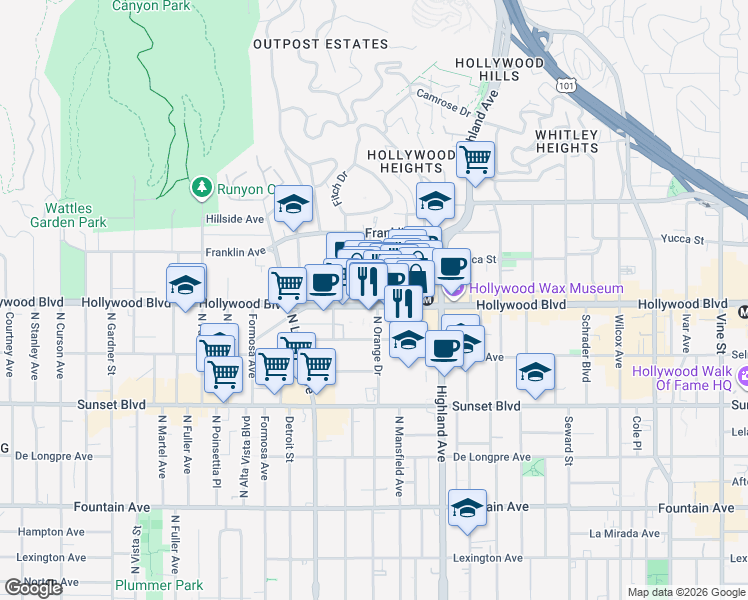 map of restaurants, bars, coffee shops, grocery stores, and more near 6933 Hollywood Boulevard in Los Angeles