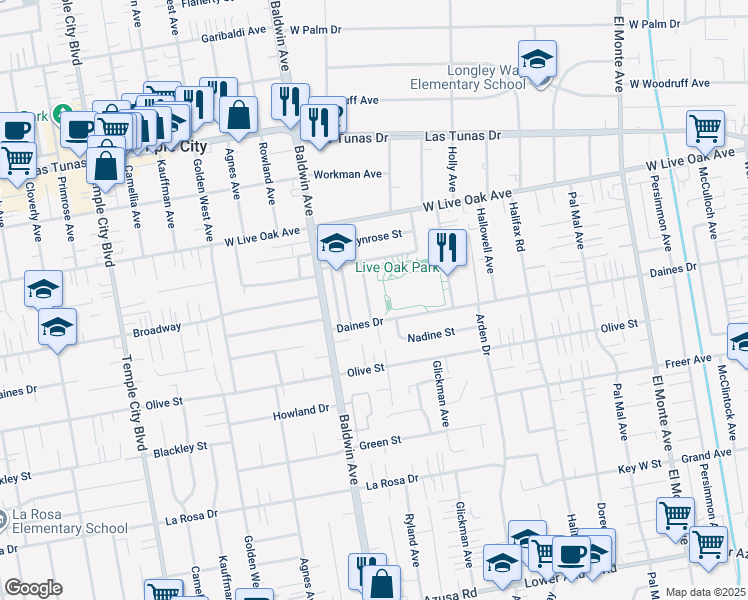 map of restaurants, bars, coffee shops, grocery stores, and more near 5526 Ryland Avenue in Temple City