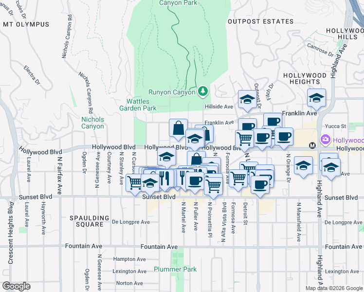 map of restaurants, bars, coffee shops, grocery stores, and more near 1718 North Vista Street in Los Angeles