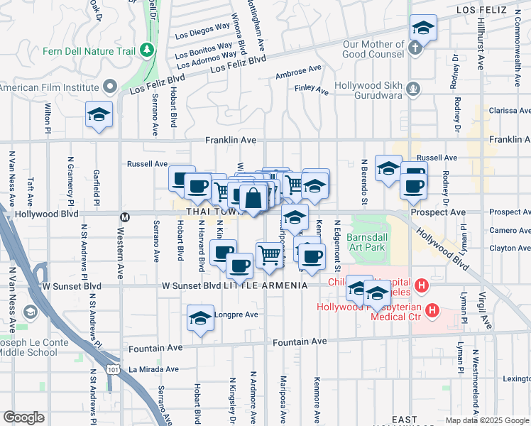 map of restaurants, bars, coffee shops, grocery stores, and more near Hollywood Blvd & N Normandie Ave in Los Angeles