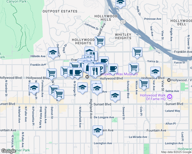 map of restaurants, bars, coffee shops, grocery stores, and more near 1755 North McCadden Place in Los Angeles
