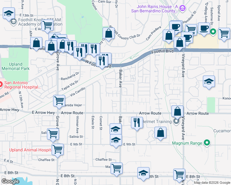map of restaurants, bars, coffee shops, grocery stores, and more near 8339D Gabriel Drive in Rancho Cucamonga