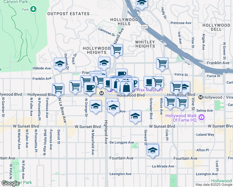 map of restaurants, bars, coffee shops, grocery stores, and more near 1721 North Las Palmas Avenue in Los Angeles