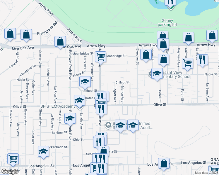 map of restaurants, bars, coffee shops, grocery stores, and more near 4912 Elizabeth Street in Baldwin Park