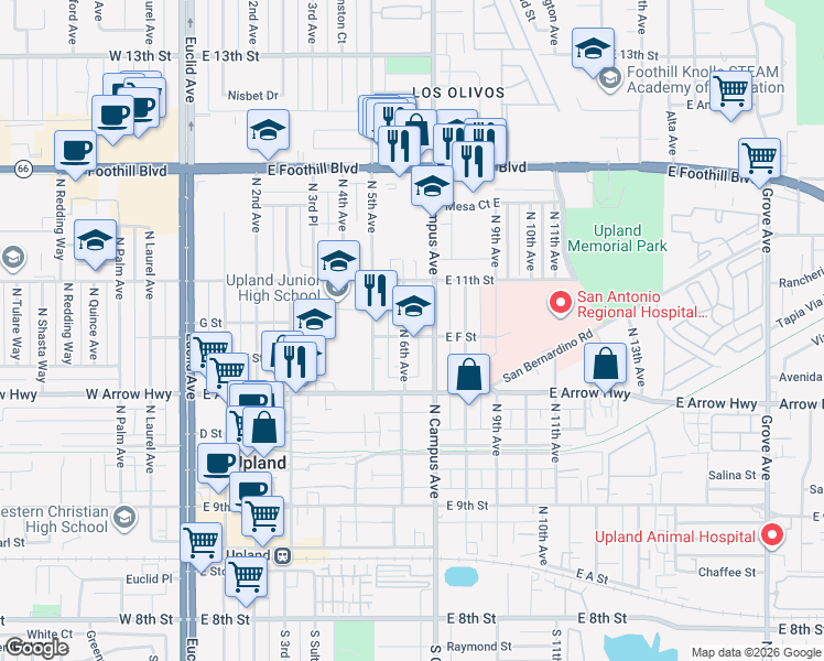 map of restaurants, bars, coffee shops, grocery stores, and more near 625 East F Street in Upland