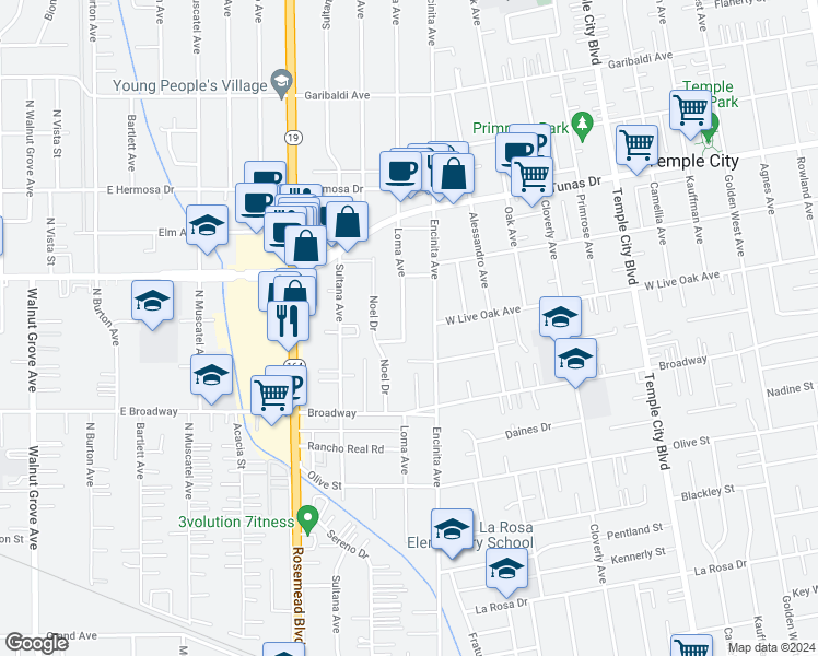 map of restaurants, bars, coffee shops, grocery stores, and more near 5630 Loma Avenue in Temple City