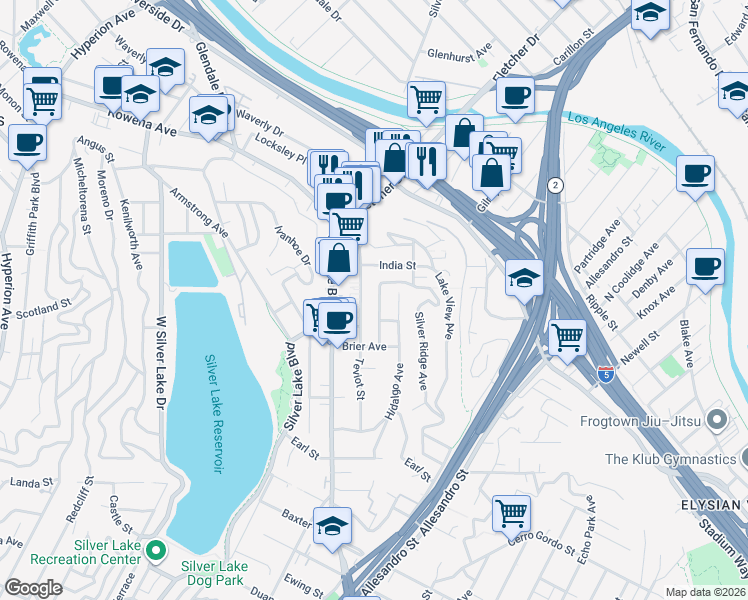 map of restaurants, bars, coffee shops, grocery stores, and more near 2461 McCready Avenue in Los Angeles