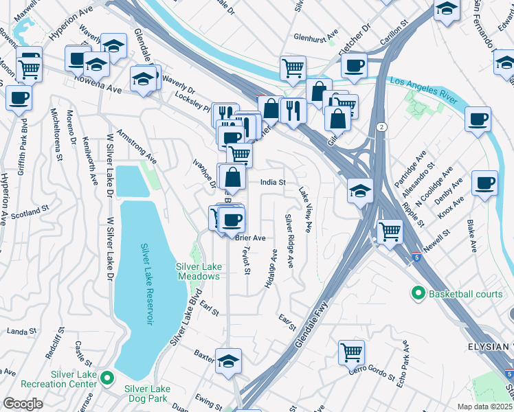 map of restaurants, bars, coffee shops, grocery stores, and more near 2461 McCready Avenue in Los Angeles