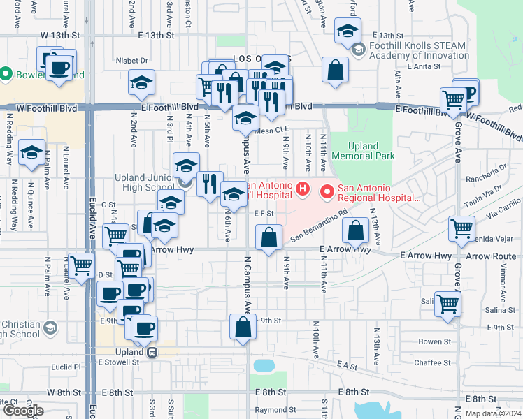 map of restaurants, bars, coffee shops, grocery stores, and more near 607 North 8th Avenue in Upland