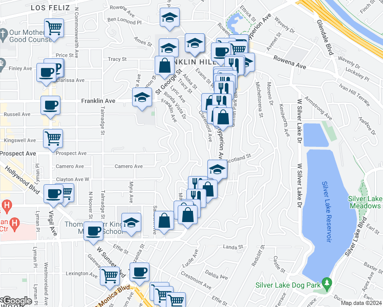 map of restaurants, bars, coffee shops, grocery stores, and more near 3815 Franklin Avenue in Los Angeles