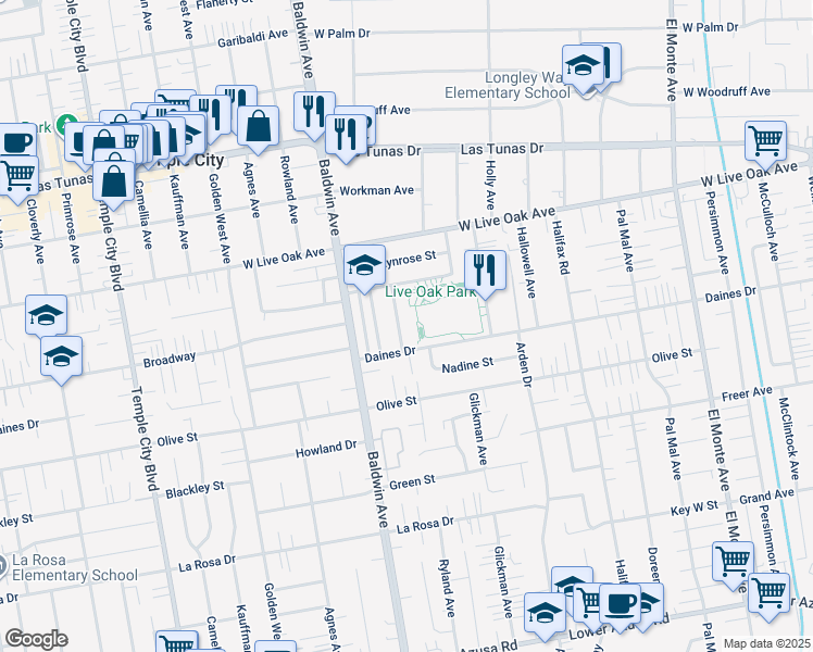 map of restaurants, bars, coffee shops, grocery stores, and more near 5526 Ryland Avenue in Temple City