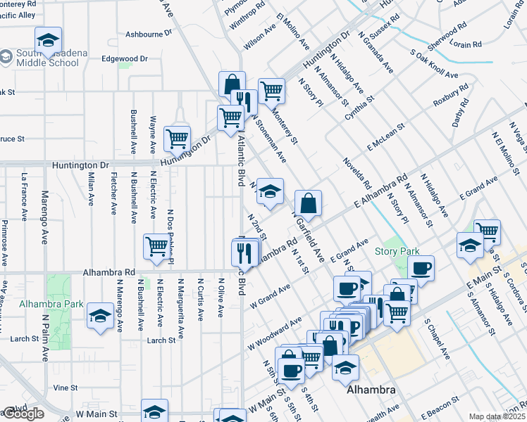 map of restaurants, bars, coffee shops, grocery stores, and more near 833 North 1st Street in Alhambra