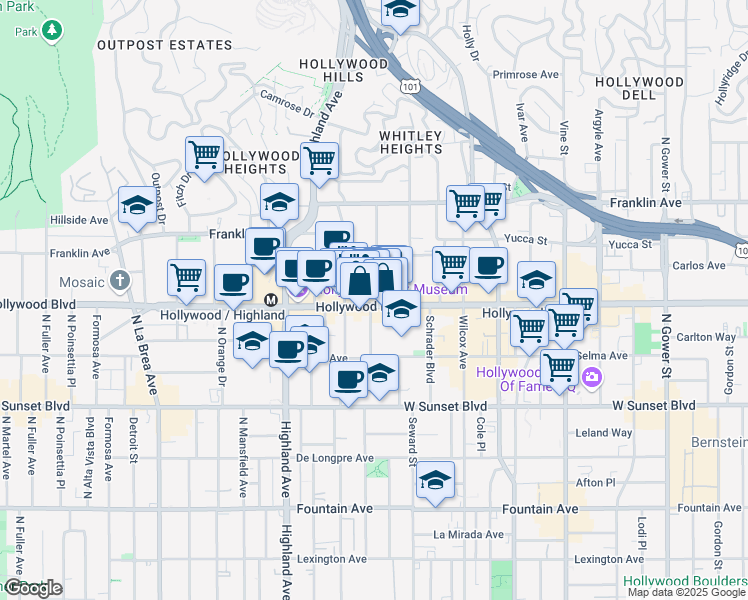map of restaurants, bars, coffee shops, grocery stores, and more near 1733 North Cherokee Avenue in Los Angeles
