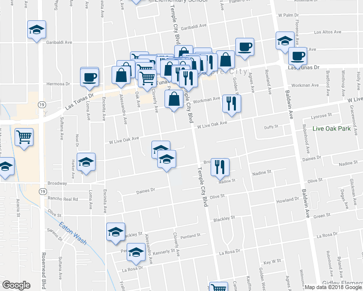 map of restaurants, bars, coffee shops, grocery stores, and more near 9547 Wedgewood Street in Temple City
