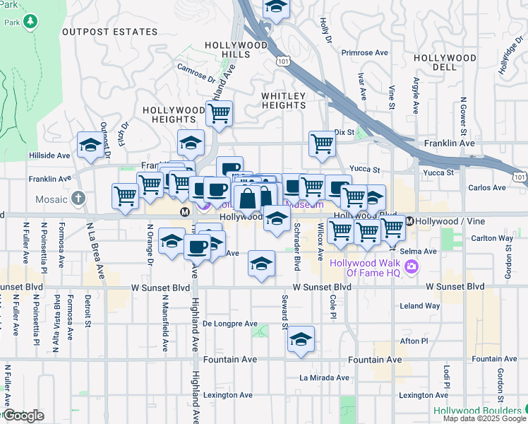 map of restaurants, bars, coffee shops, grocery stores, and more near 6633 Hollywood Boulevard in Los Angeles