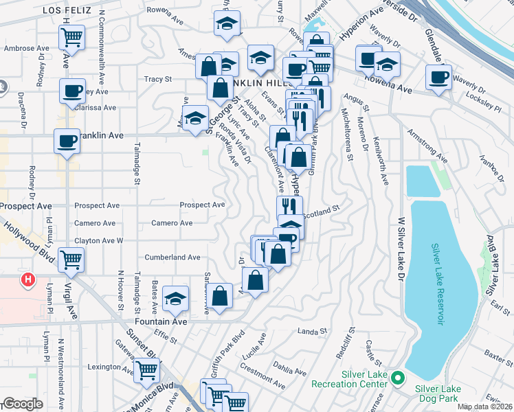 map of restaurants, bars, coffee shops, grocery stores, and more near 3815 Franklin Avenue in Los Angeles