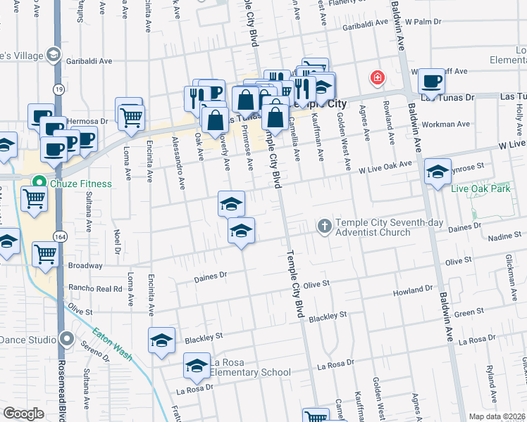 map of restaurants, bars, coffee shops, grocery stores, and more near 9547 Wedgewood Street in Temple City