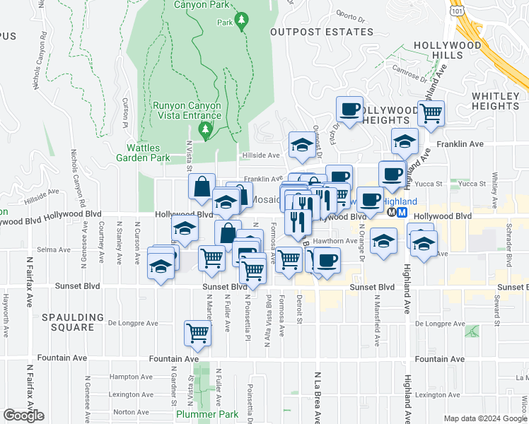 map of restaurants, bars, coffee shops, grocery stores, and more near 7225 Hollywood Boulevard in Los Angeles