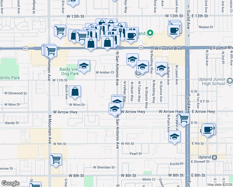 map of restaurants, bars, coffee shops, grocery stores, and more near 665 North San Antonio Avenue in Upland