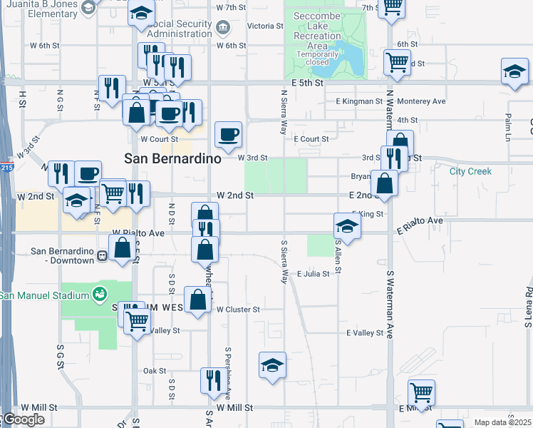 map of restaurants, bars, coffee shops, grocery stores, and more near 165 West 2nd Street in San Bernardino