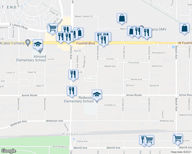 map of restaurants, bars, coffee shops, grocery stores, and more near 8322 Redwood Avenue in Fontana